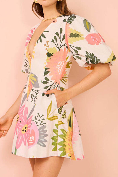 Floral Print Puff Sleeve Pocketed Mini Dress