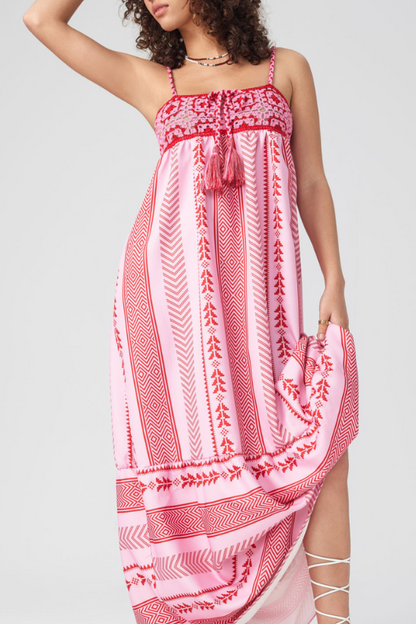 Naomi Printed Embroidered Lace Up Cami Midi Dress