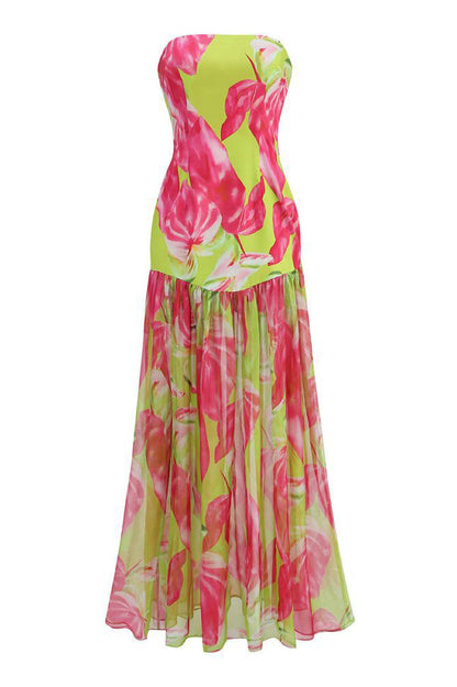 Pam Printed Strapless Slit Maxi Dress