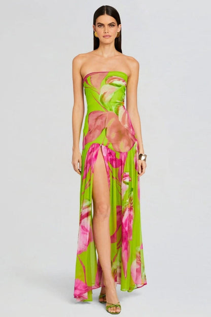 Pam Printed Strapless Slit Maxi Dress