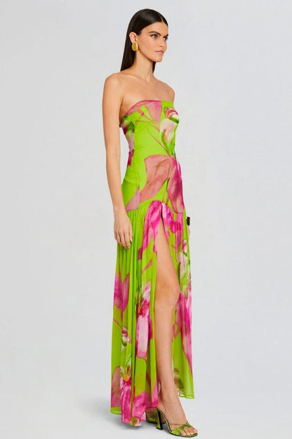 Pam Printed Strapless Slit Maxi Dress