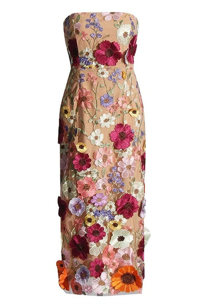 Belle Embroidered Floral Strapless Midi Dress