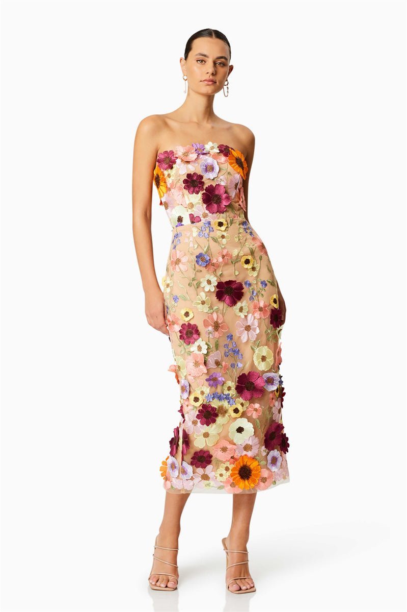 Belle Embroidered Floral Strapless Midi Dress