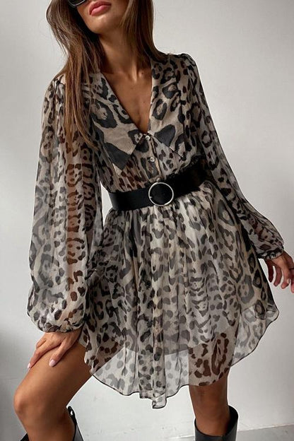 Gail Printed V-neck Belted Chiffon Mini Dress