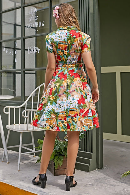 Helma Retro Printed Belted Cotton Shirt Midi Dress