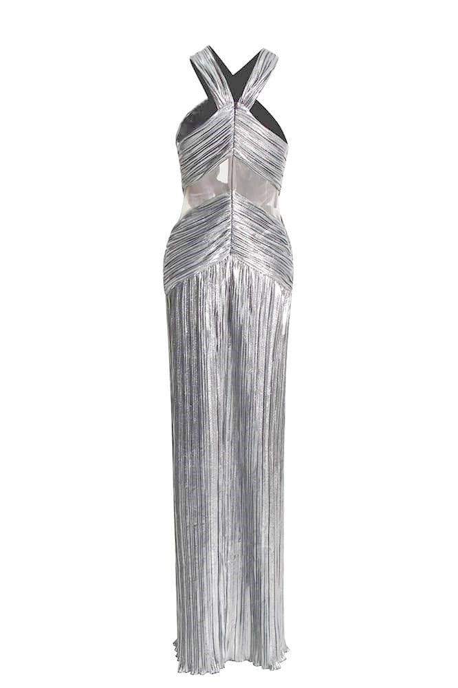 Heloise Metallic Cross Halter Neck Maxi Dress