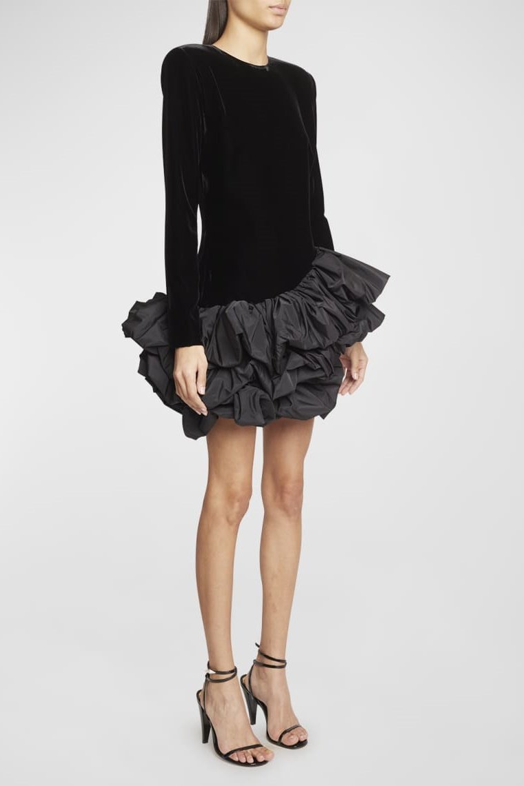 Hermosa Ruffle Asymmetric Hem Mini Velvet Dress