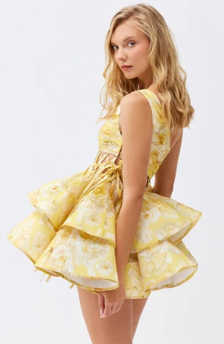 Andrea Floral Printed One-shoulder Mini Chiffon Dress