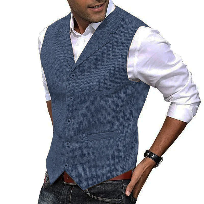 Men's Vintage Herringbone Lapel Single Breasted Slim Vest 34062296M