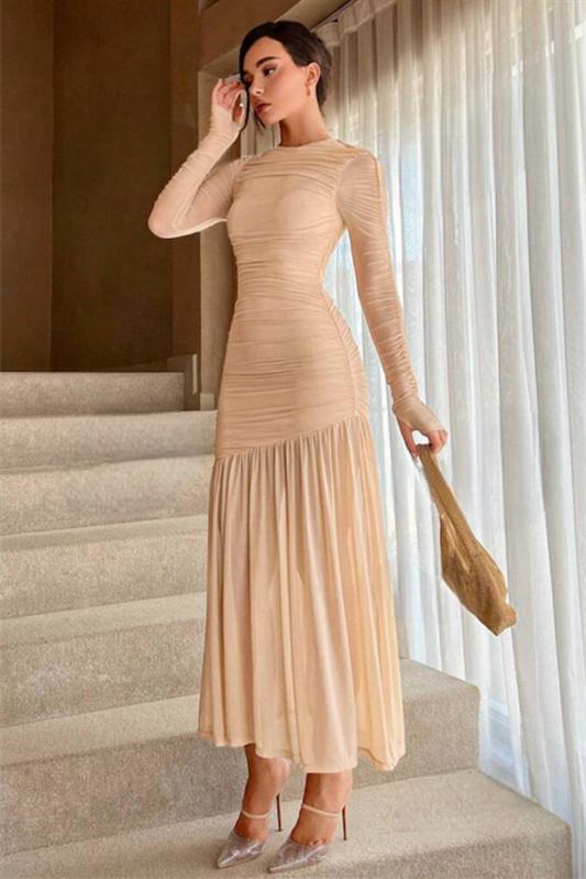 Jessie Long Sleeve Pleated Mesh Maxi Dress