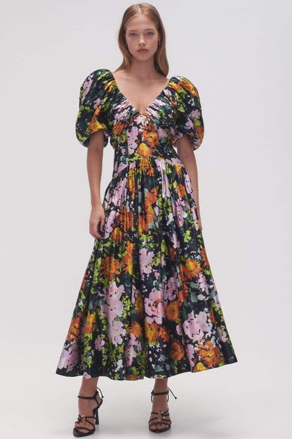 Megan Printed V-neck Puff Sleeve Midi Dress