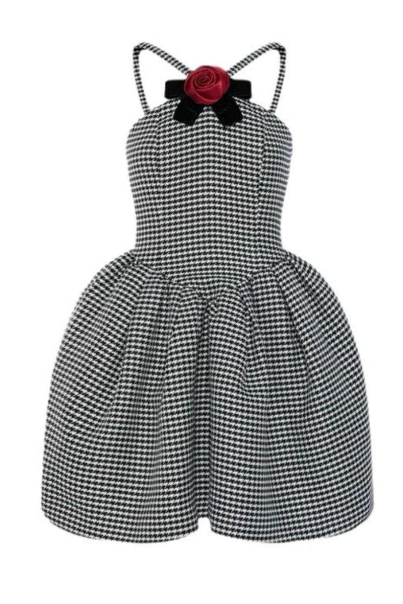 Mona Houndstooth Rose Bow Trimmed A-line Mini Dress