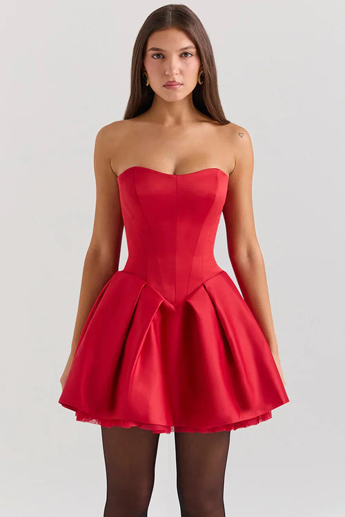 Red Satin Detachable Bow Mini Dress