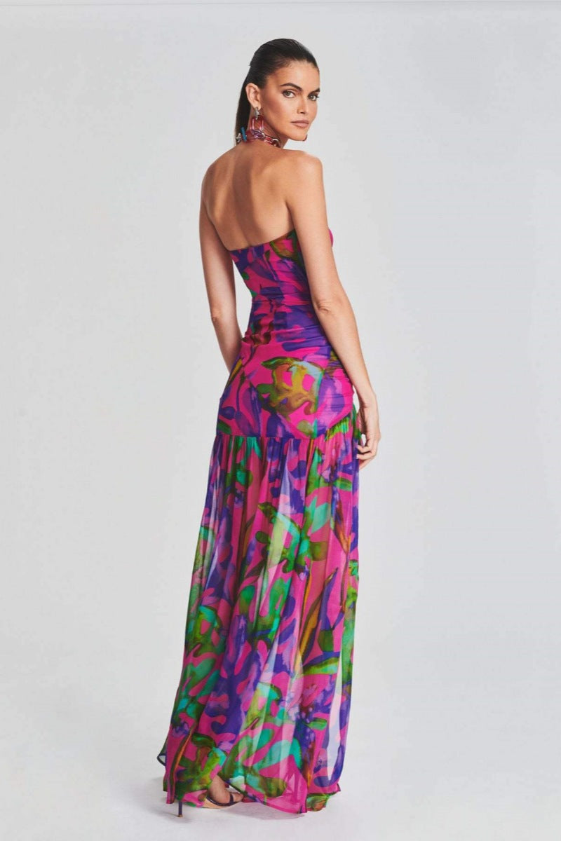 Pam Printed Strapless Slit Maxi Dress