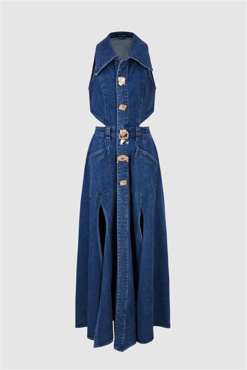 Regina Lapel Collar Cut-out Denim Maxi Dress