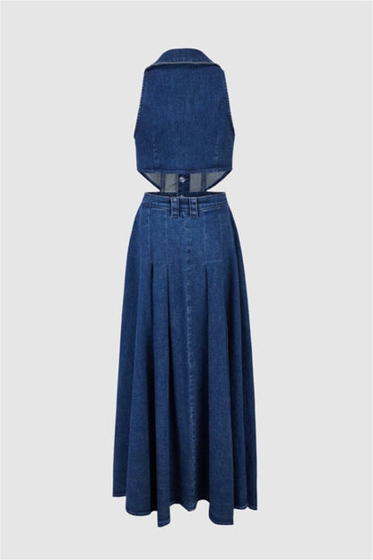 Regina Lapel Collar Cut-out Denim Maxi Dress