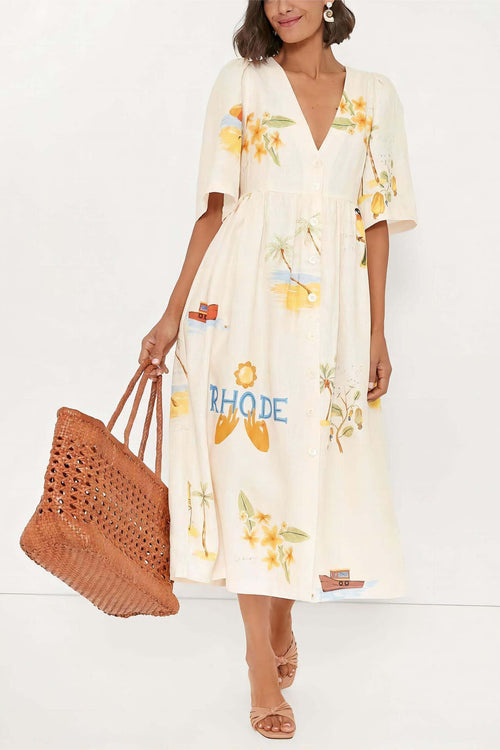 Printed Linen Midi Dress